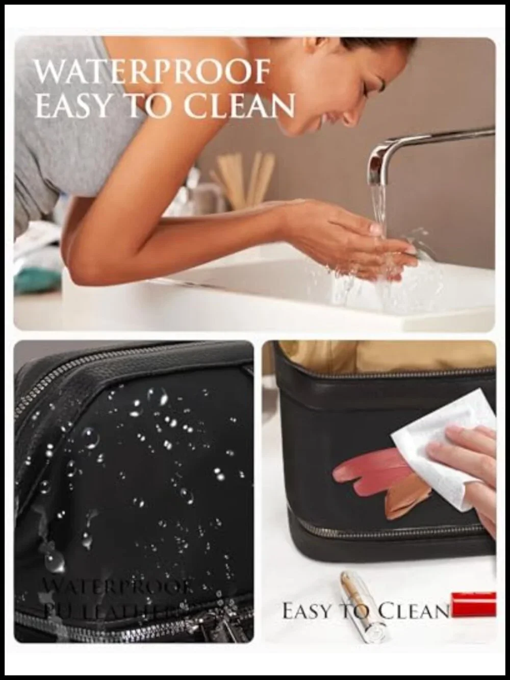 Water-Resistant Faux Leather Double-Layer Travel Toiletry Bag Cosmetic Organizer